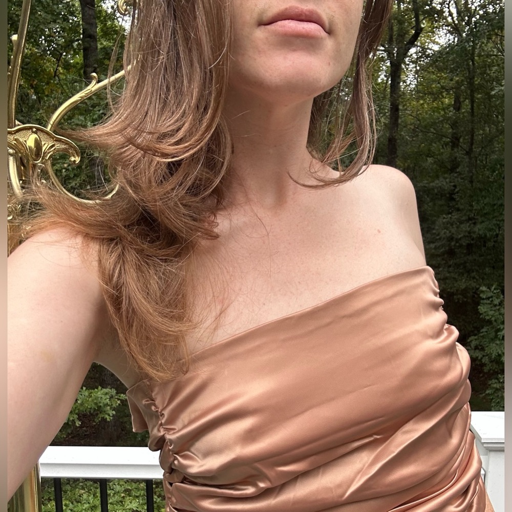 Naked Wardrobe Size Small Rosegold Elegant Strapless Satin Mini Bodycon Dress - Picture 3 of 11